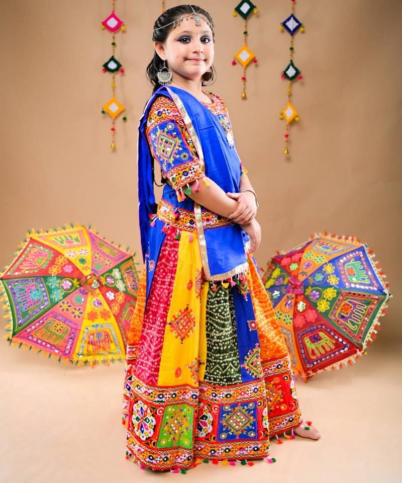 Multicolor color embroidered work rayon navratri kids-lehenga-choli