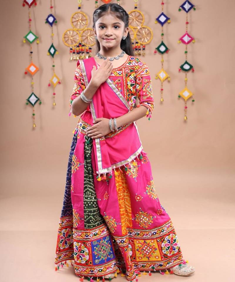 Multicolor color embroidered work rayon navratri kids-lehenga-choli