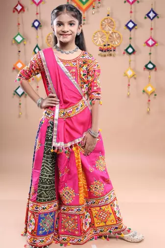 Multicolor color embroidered work rayon navratri kids-lehenga-choli