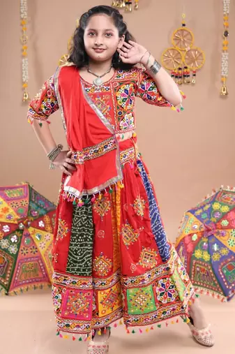 Multicolor color embroidered work rayon navratri kids-lehenga-choli