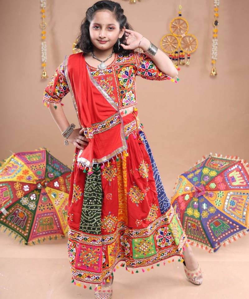 Multicolor color embroidered work rayon navratri kids-lehenga-choli