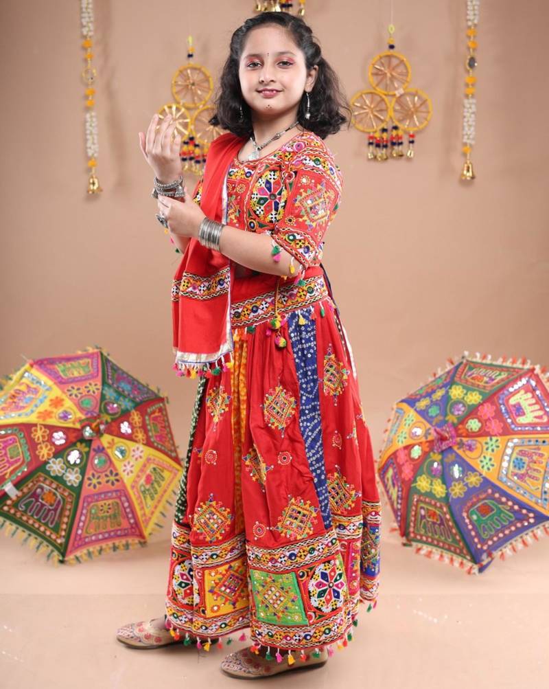 Multicolor color embroidered work rayon navratri kids-lehenga-choli