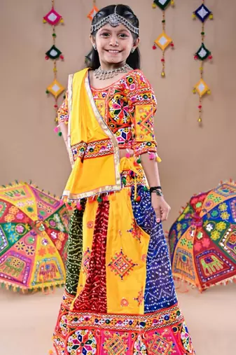 Multicolor color embroidered work rayon navratri kids-lehenga-choli