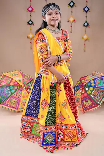 Multicolor color embroidered work rayon navratri kids-lehenga-choli
