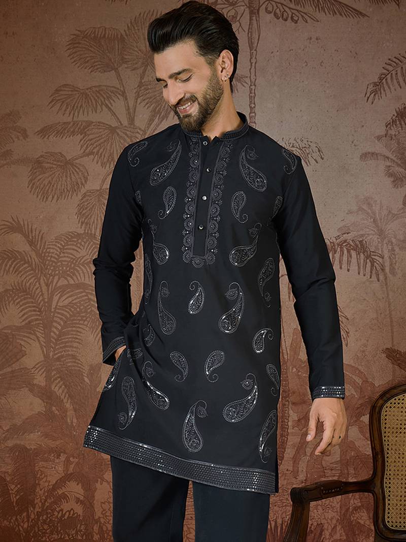 Mens black silk blend solid embroidered kurta with trouser