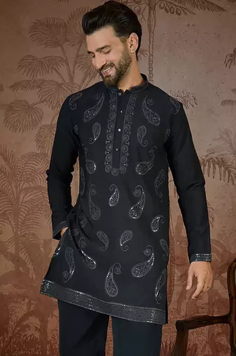 Mens black silk blend solid embroidered kurta with trouser