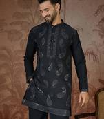 Mens black silk blend solid embroidered kurta with trouser