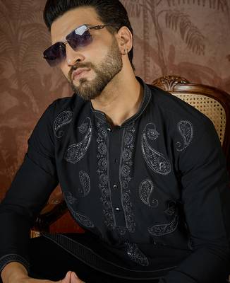 Mens black silk blend solid embroidered kurta with trouser 1