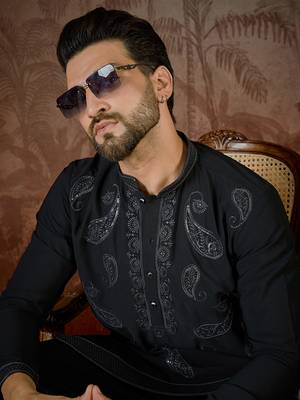 Mens black silk blend solid embroidered kurta with trouser 2