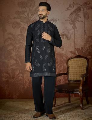 Mens black silk blend solid embroidered kurta with trouser 2