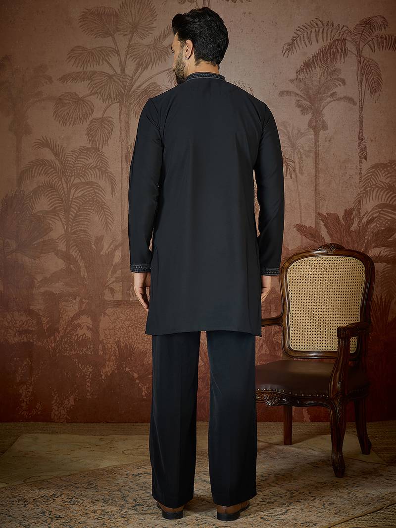 Mens black silk blend solid embroidered kurta with trouser
