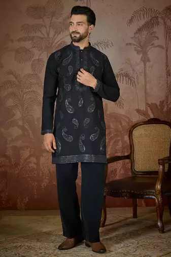 Mens black silk blend solid embroidered kurta with trouser