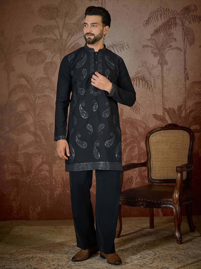 Mens black silk blend solid embroidered kurta with trouser