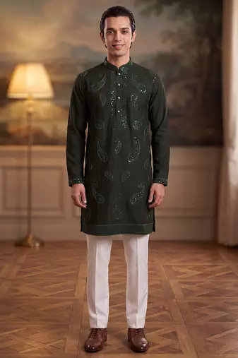 Mens green silk blend solid embroidered kurta with trouser