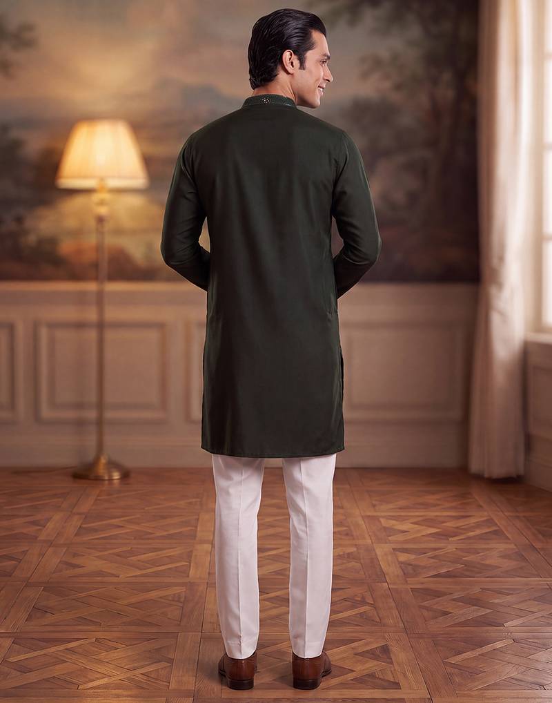 Mens green silk blend solid embroidered kurta with trouser