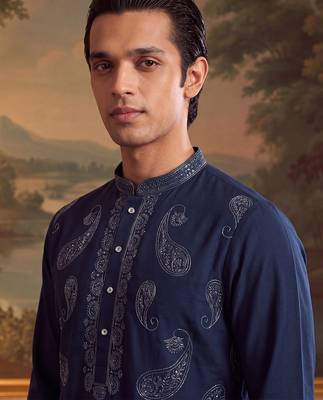 Mens teal silk blend solid embroidered kurta with trouser 1