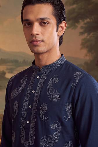 Mens teal silk blend solid embroidered kurta with trouser