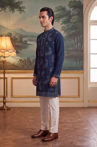 Mens teal silk blend solid embroidered kurta with trouser