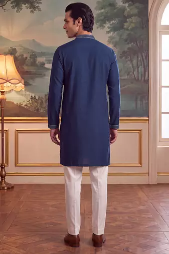 Mens teal silk blend solid embroidered kurta with trouser