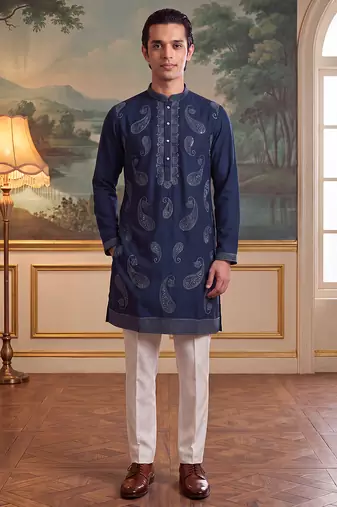Mens teal silk blend solid embroidered kurta with trouser