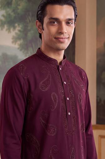 Mens maroon silk blend solid embroidered kurta with trouser