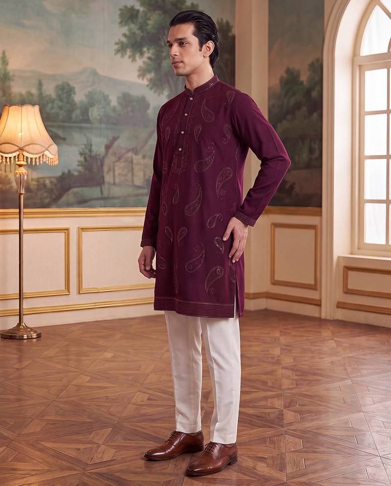 Mens maroon silk blend solid embroidered kurta with trouser