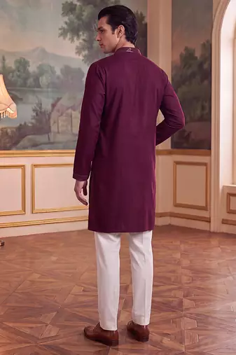 Mens maroon silk blend solid embroidered kurta with trouser
