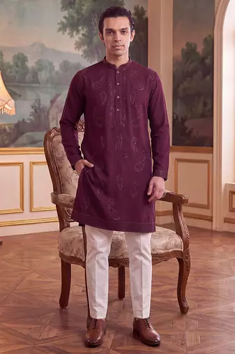 Mens maroon silk blend solid embroidered kurta with trouser