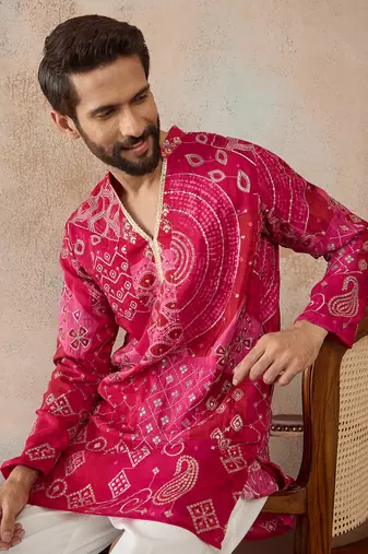 Mens pink silk blend ethnic motifs embroidered kurta with trouser