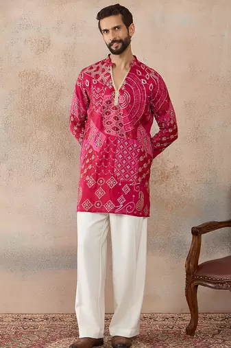 Mens pink silk blend ethnic motifs embroidered kurta with trouser