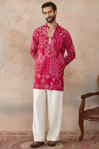 Mens pink silk blend ethnic motifs embroidered kurta with trouser