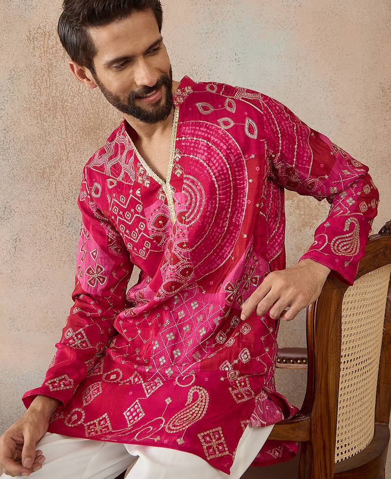 Mens pink silk blend ethnic motifs embroidered kurta with trouser
