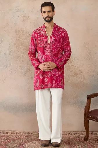 Mens pink silk blend ethnic motifs embroidered kurta with trouser