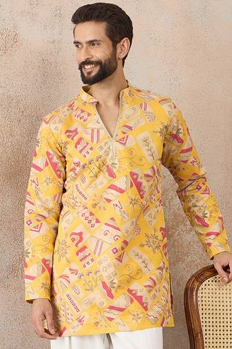 Mens yellow silk blend ethnic motifs embroidered kurta with trouser