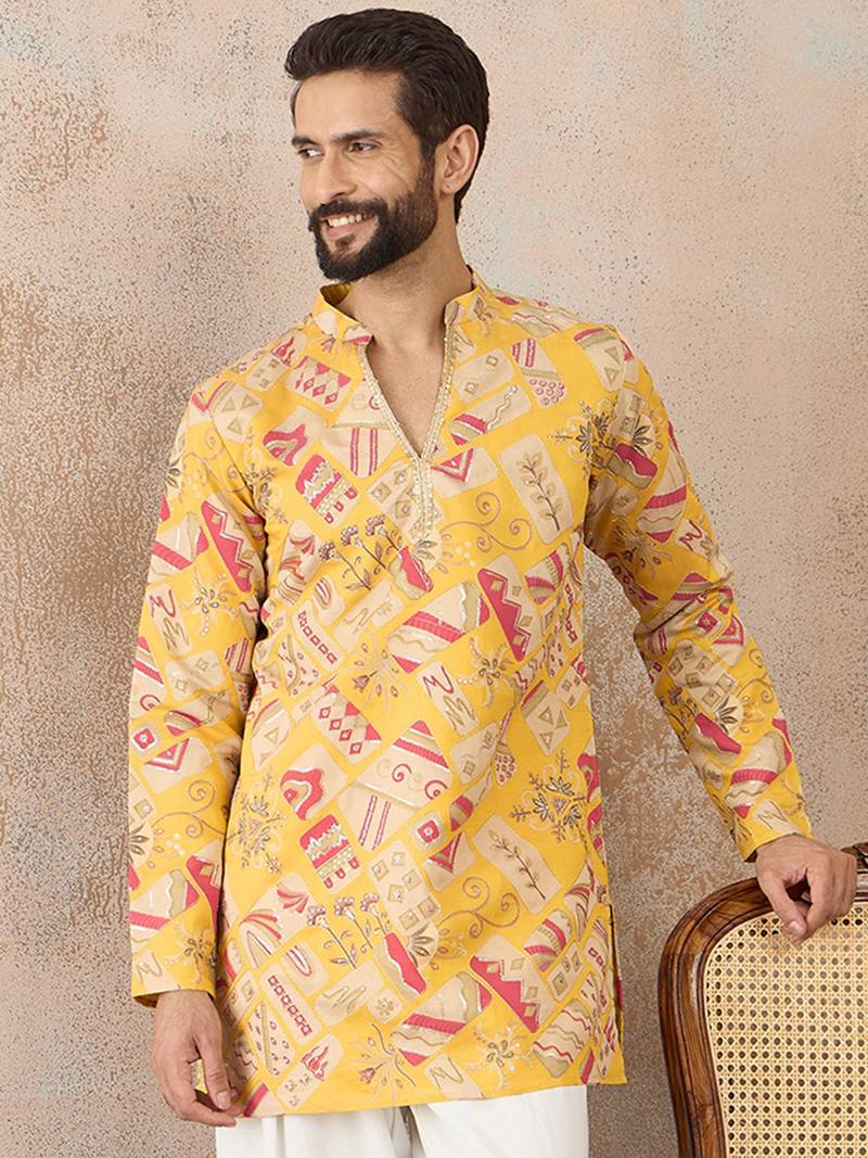 Mens yellow silk blend ethnic motifs embroidered kurta with trouser