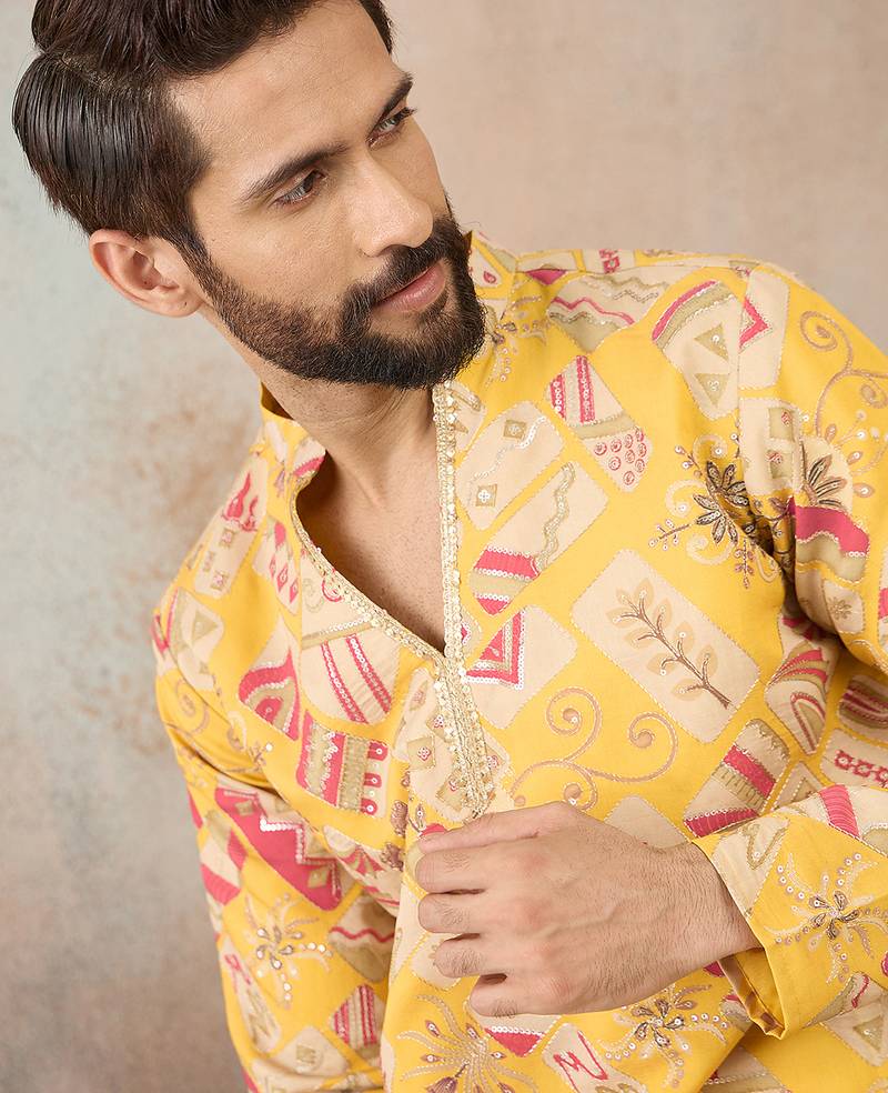 Mens yellow silk blend ethnic motifs embroidered kurta with trouser