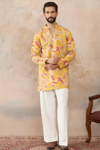Mens yellow silk blend ethnic motifs embroidered kurta with trouser