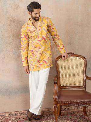 Mens yellow silk blend ethnic motifs embroidered kurta with trouser 3