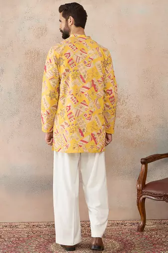 Mens yellow silk blend ethnic motifs embroidered kurta with trouser