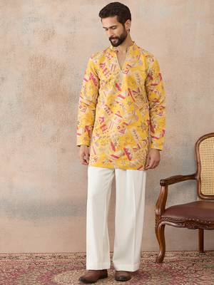 Mens yellow silk blend ethnic motifs embroidered kurta with trouser 5