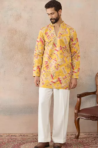 Mens yellow silk blend ethnic motifs embroidered kurta with trouser