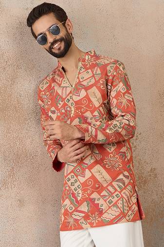 Mens coral silk blend abstract embroidered kurta with trouser