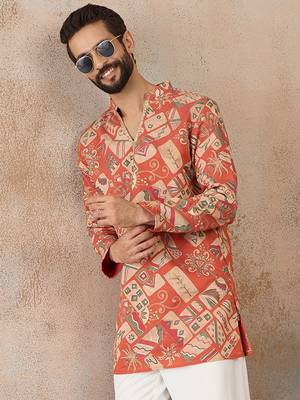 Mens coral silk blend abstract embroidered kurta with trouser 1