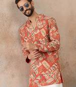 Mens coral silk blend abstract embroidered kurta with trouser