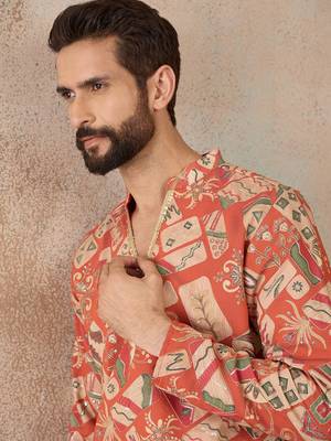 Mens coral silk blend abstract embroidered kurta with trouser 2