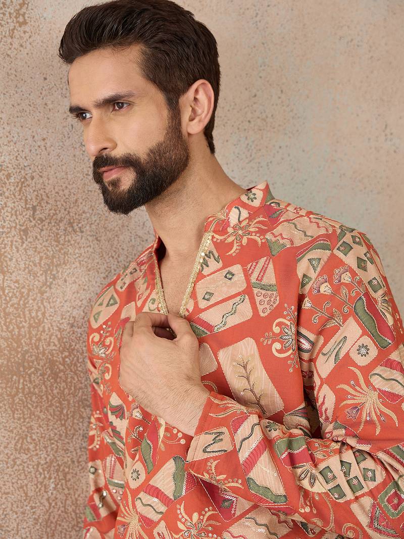 Mens coral silk blend abstract embroidered kurta with trouser