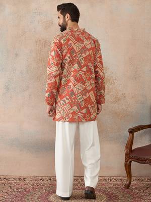 Mens coral silk blend abstract embroidered kurta with trouser 4