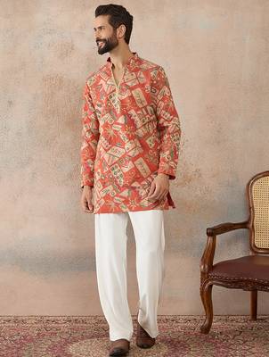 Mens coral silk blend abstract embroidered kurta with trouser 5