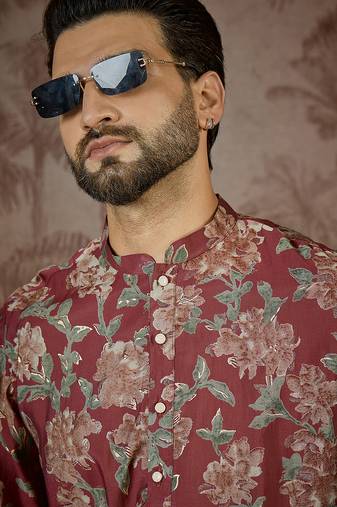 Mens maroon silk blend floral printed kurta with trouser