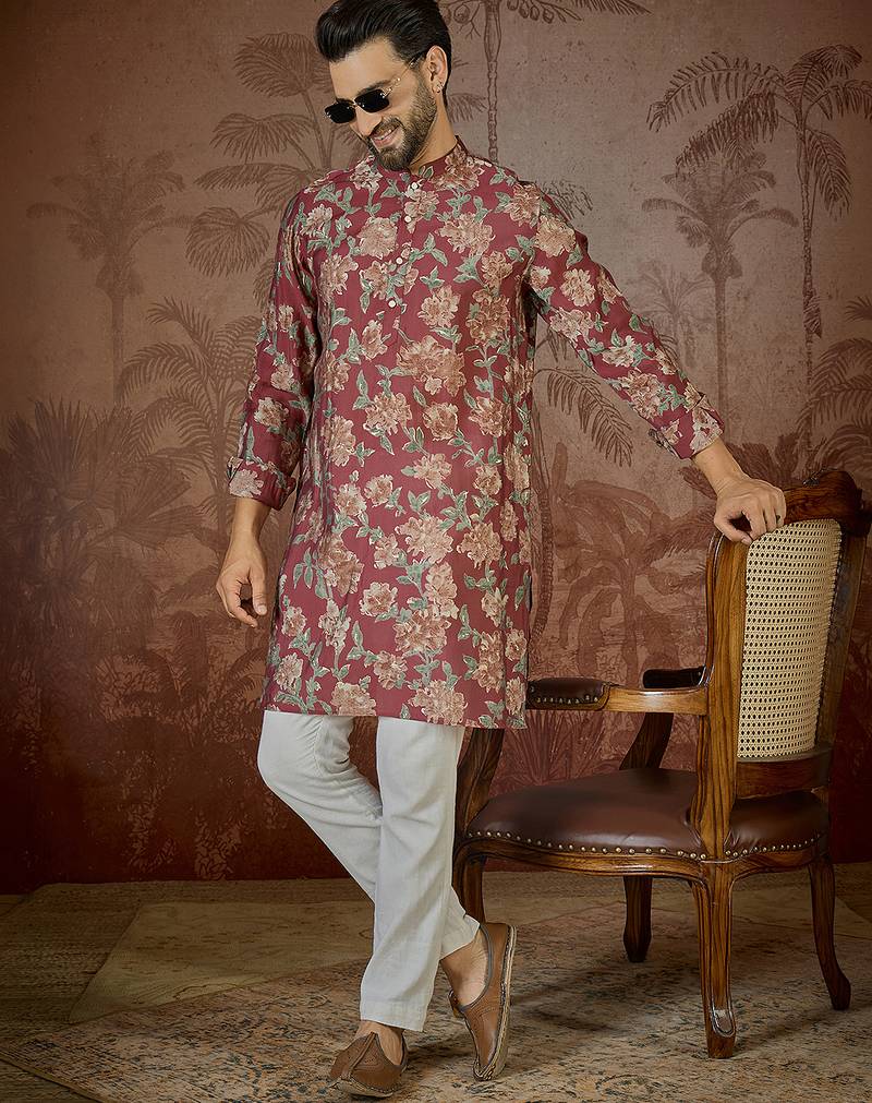 Mens maroon silk blend floral printed kurta with trouser